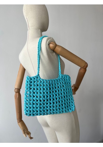 Mavi 33X24CM El Örgüsü Tasarım File Çanta ve Içi Kesi ile
