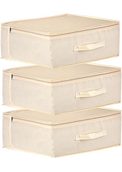 3'lü Set 53 x 44 x 21 cm Baza Altı & Dolap Içi Organizer, Yorgan & Yastık Düzenleyici Hurç Krem