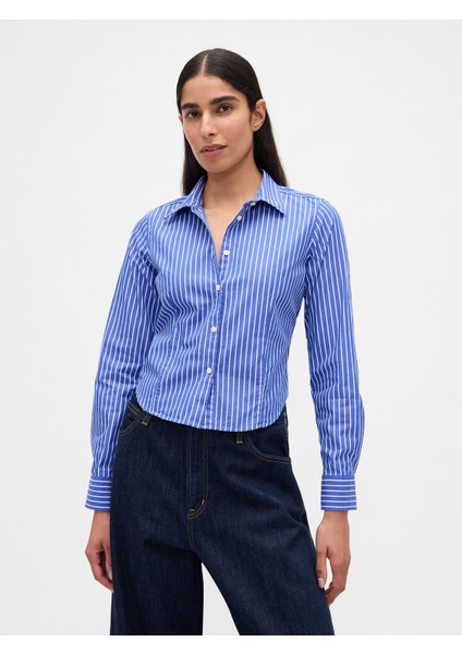 Kadın Mavi Organik Pamuk Dar Kesim Kısa Gömlek