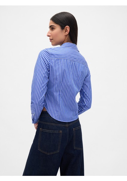 Kadın Mavi Organik Pamuk Dar Kesim Kısa Gömlek modelleri
