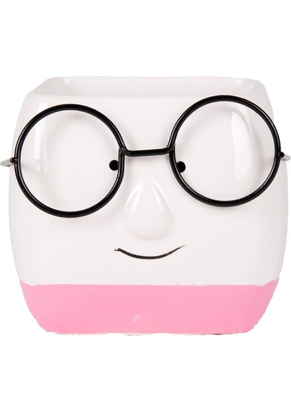 Seramik Saksı Gözlüklü Beyaz-Pembe 7x7 Cm.