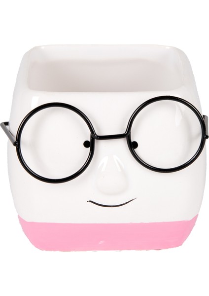 Seramik Saksı Gözlüklü Beyaz-Pembe 7x7 Cm. indirimleri