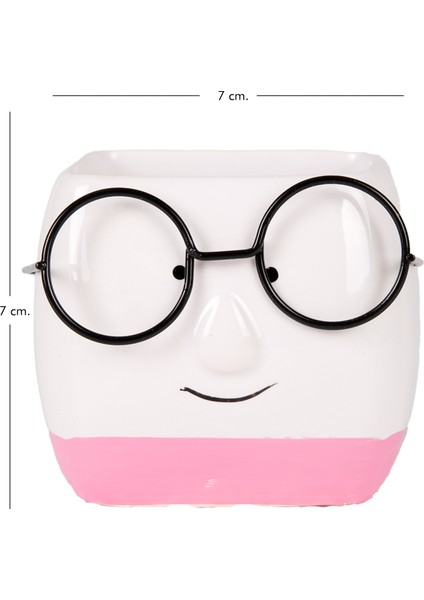 Seramik Saksı Gözlüklü Beyaz-Pembe 7x7 Cm.
