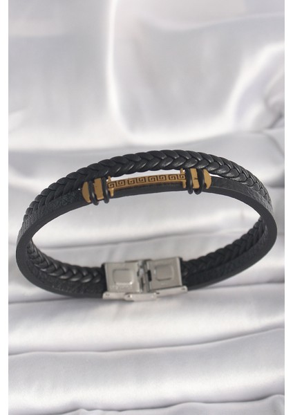 316L Çelik Gold Renk Zikzak Işlemeli Aksesuarlı Çift Sıra Burgu Desenli Deri Kordon Erkek Bileklik