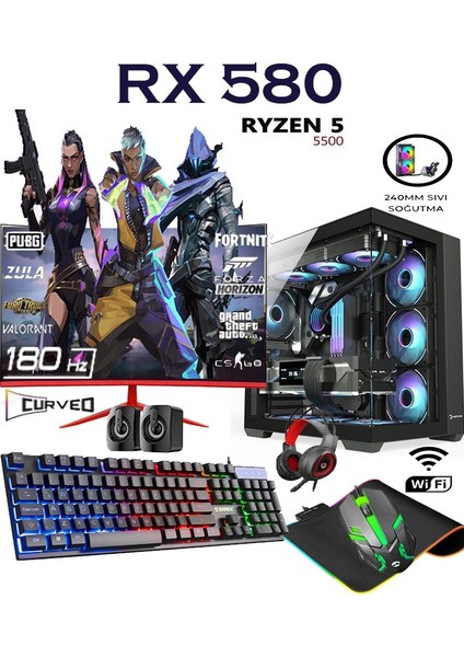 Rebirth X90 Ryzen 5 5500 32GB 1tb M.2 SSD RX580 8gb 24'' 180HZ Curved Masaüstü Oyuncu Bilgisayarı