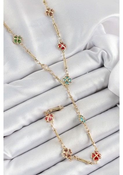 Pirinç Asorti Kalpli Yonca Model Gold Renk Zirkon Taşlı Y Kolye