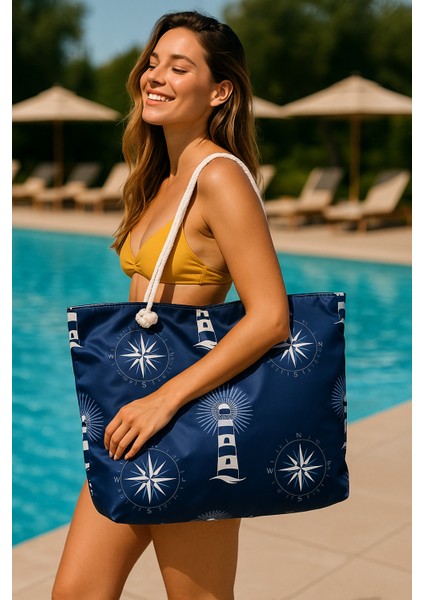 Kadın Askılı Renkli Desenli Havuz Tatil Plaj Çantası-Polyester-Deniz Feneri Modeli fiyatları