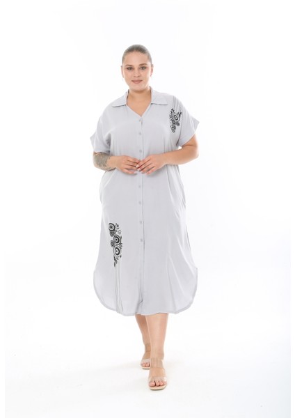 Kadın Dokuma Viskon Baskılı Kısa Kol Büyük Beden Elbise