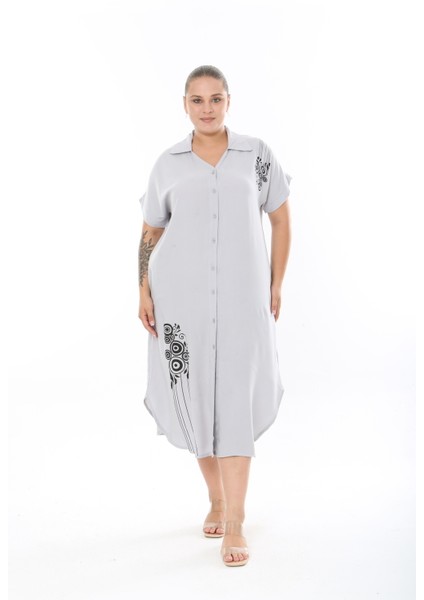 Kadın Dokuma Viskon Baskılı Kısa Kol Büyük Beden Elbise