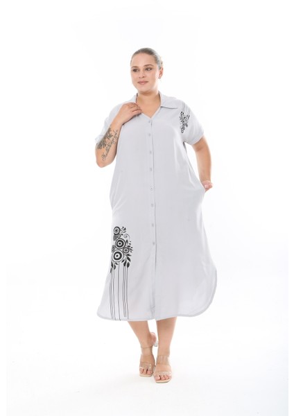 Kadın Dokuma Viskon Baskılı Kısa Kol Büyük Beden Elbise