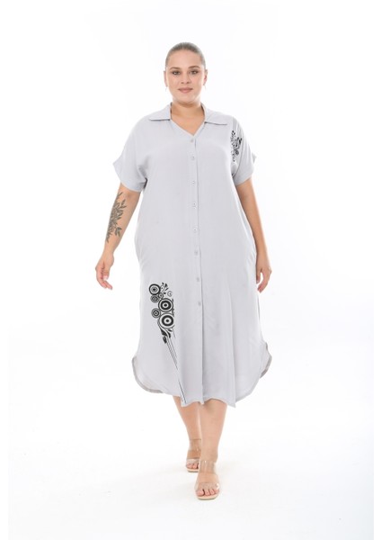 Kadın Dokuma Viskon Baskılı Kısa Kol Büyük Beden Elbise