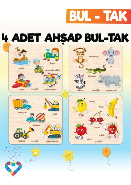 Eğitici 4'lü Bul-Tak Seti: Hayvanlar, Meyveler, Taşıtlar ve Iş Makineleri