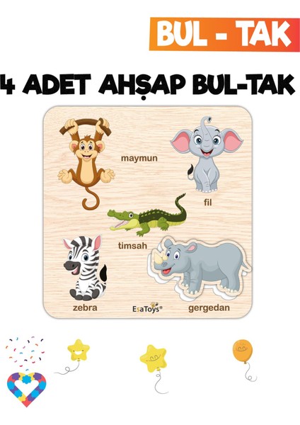 Eğitici 4'lü Bul-Tak Seti: Hayvanlar, Meyveler, Taşıtlar ve Iş Makineleri modelleri