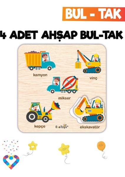 Eğitici 4'lü Bul-Tak Seti: Hayvanlar, Meyveler, Taşıtlar ve Iş Makineleri fırsatları