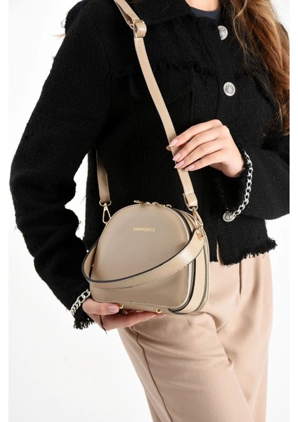 Bej Kadın 2 Bölmeli Uzun Çapraz Askılı Omuz Çantası