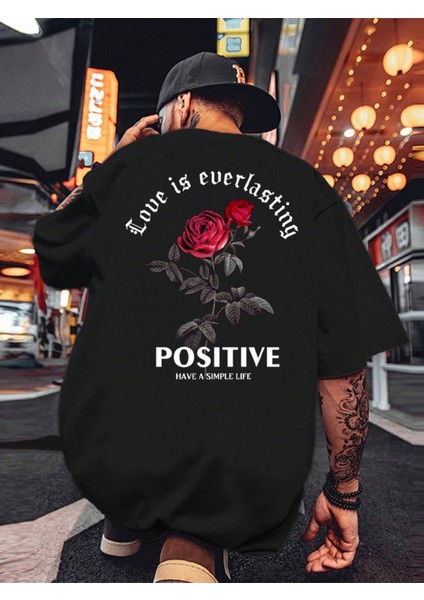 Erkek Siyah Bisiklet Yaka Love Is Overlasting Baskılı T-Shirt