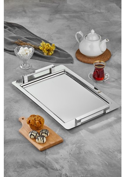 18/10 Cr-Ni Paslanmaz Silver Ikramlık Sunumluk Servis ve Çay Tepsisi