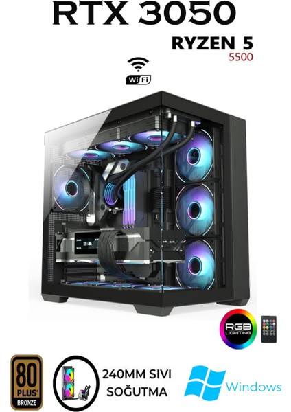Rebirth X80 Ryzen 5 5500 32GB 1tb M.2 SSD RTX3050 Gddr6 Sıvı Soğutmalı Masaüstü Oyuncu Bilgisayarı