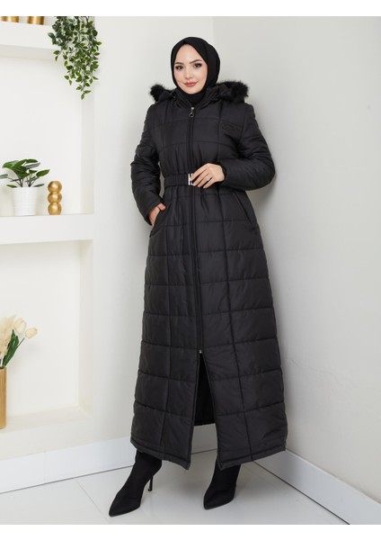 Kadın Kapüşonlu Uzun Siyah Kapitone Şişme mont