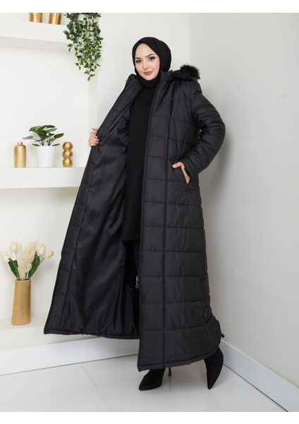 Kadın Kapüşonlu Uzun Siyah Kapitone Şişme mont fiyatları