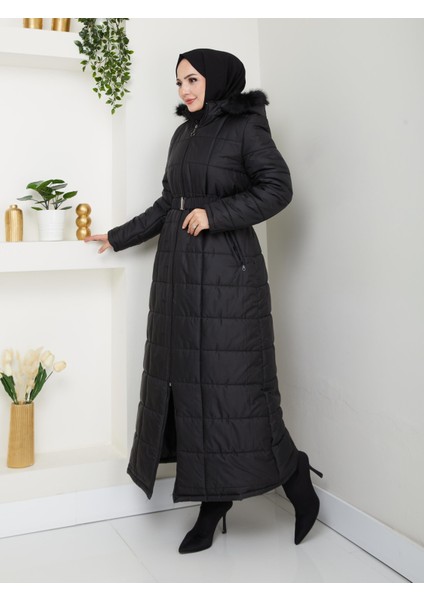 Kadın Kapüşonlu Uzun Siyah Kapitone Şişme mont modelleri