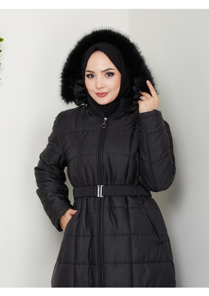 Kadın Kapüşonlu Uzun Siyah Kapitone Şişme mont indirimleri