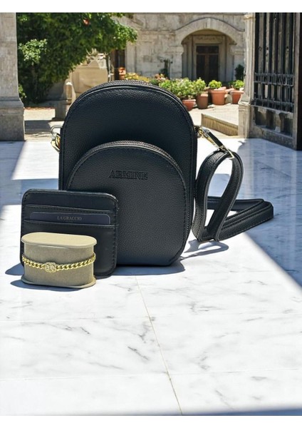 Şık Siyah El ve Kol Çantası, Kartlık ve Bileklik Hediyeli