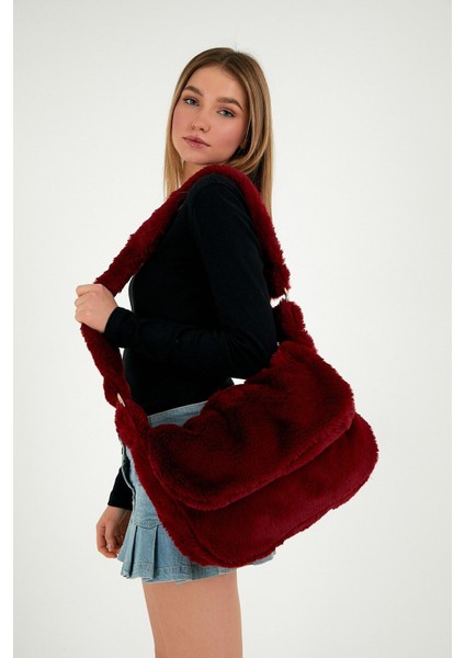 Bordo Pelüş Kapaklı Çapraz Askılı Okul Çantası