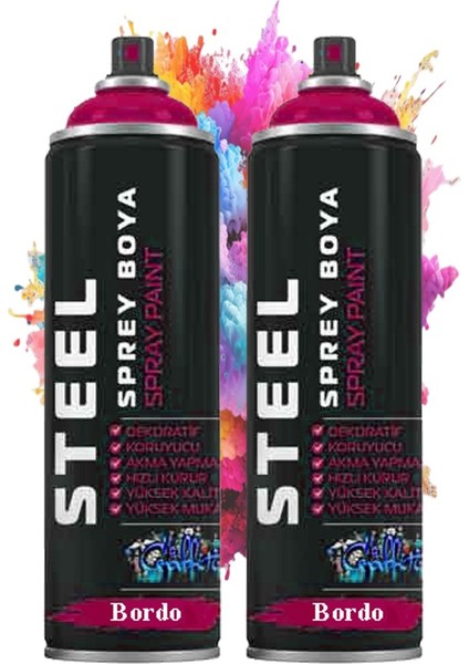 Bordo Sprey Boya 200 ml 2 Adet Hızlı Kuruyan Profesyonel Ahşap Plastik Demir Metal Cam Porselen Duvar Renkli