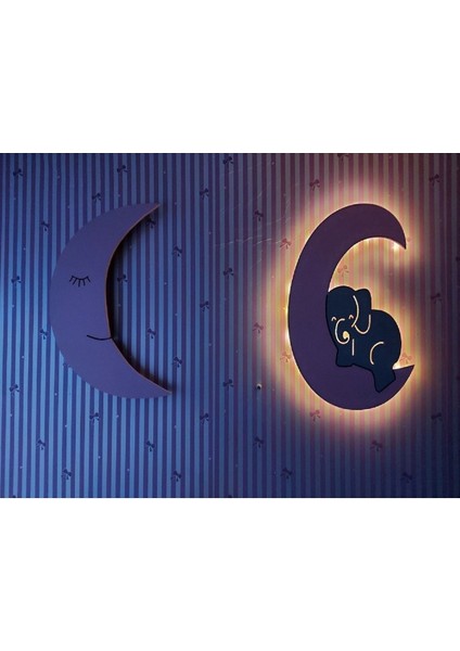 Ahşap Ay ve Filli Ay Gece Lambası Seti, Pembe, Şık ve Sade Tasarım