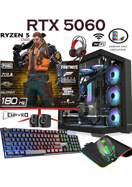 Rebirth X55 Ryzen 5 5500 32GB 1tb M.2 SSD RTX5060 Gddr7 24'' 180HZ Curved Masaüstü Oyuncu Bilgisayarı