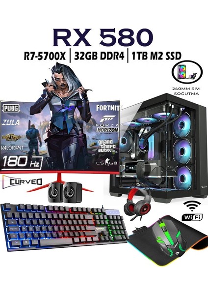 Rebirth X87 Ryzen 7 5700X 32GB 1tb M.2 SSD RX580 8gb 24'' 180HZ Curved Masaüstü Oyuncu Bilgisayarı