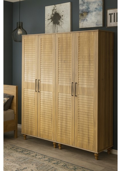 Pera Wood 4 Kapaklı Çekmeceli Genç Odası Dolabı | MDF Gövde | Doğal Görünümlü Panjur Kapak | Ağaç Ayaklı ve Fonksiyonel Tasarım