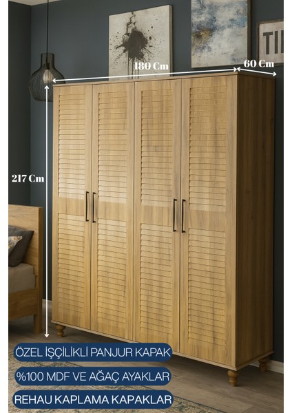 Pera Wood 4 Kapaklı Çekmeceli Genç Odası Dolabı | MDF Gövde | Doğal Görünümlü Panjur Kapak | Ağaç Ayaklı ve Fonksiyonel Tasarım modelleri