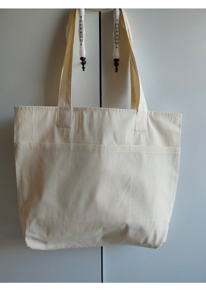 Bej Renkli Büyük Cepli Doğal Kumaş Tote Çanta