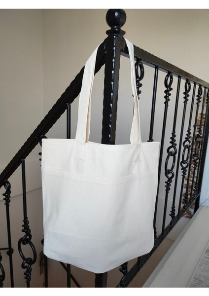 Bej Renkli Büyük Cepli Doğal Kumaş Tote Çanta fiyatları