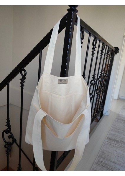 Bej Renkli Büyük Cepli Doğal Kumaş Tote Çanta modelleri