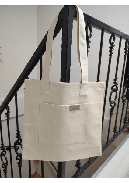 Bej Kanvas Tote Çanta, 4 Cepli, Şık ve Hafif Günlük Kullanım Için