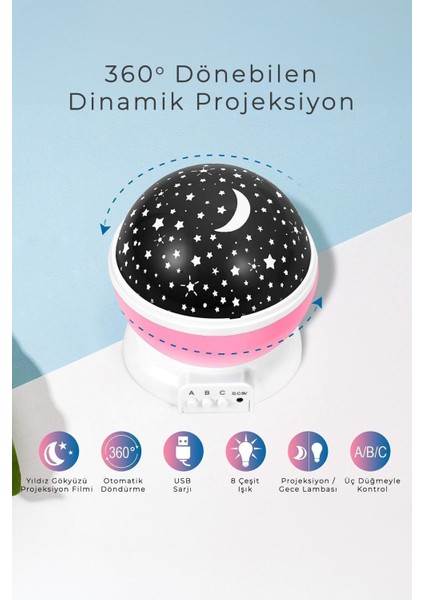 360° Dönen Yıldız Projeksiyon Gece Lambası, Renkli ve Romantik Işık Efekti