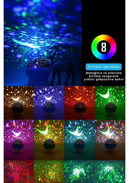 360° Dönen Yıldız Projeksiyon Gece Lambası, Renkli ve Romantik Işık Efekti