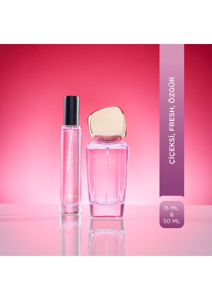 Cherié Edp 50 ml & Seyahat Boy 15 ml Kadın Parfüm Seti I Çiçeksi ve Fresh I Çilek, Ananas, Şakayık