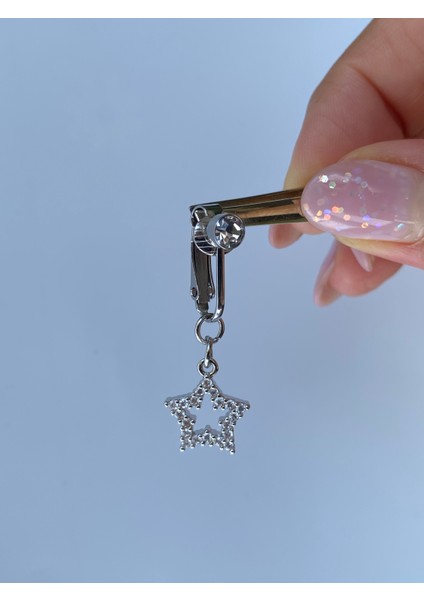 Çelik Göbek Piercing Mıknatıslı Deliksiz Kullanım Sıkıştırmalı Yıldız Sallantılı Model