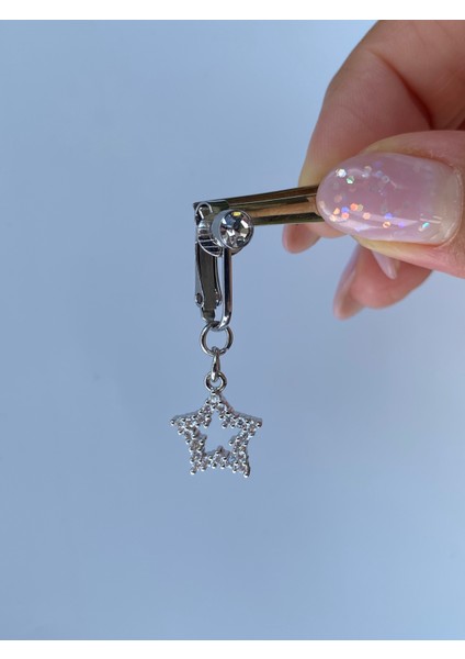 Çelik Göbek Piercing Mıknatıslı Deliksiz Kullanım Sıkıştırmalı Yıldız Sallantılı Model