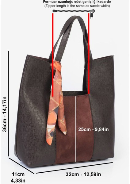 Kahverengi Büyük Boy Süet Şeritli Omuz Çantası, Fermuarlı ve Şık Tasarım modelleri