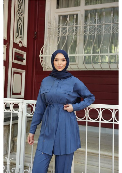 Gömlek Yaka Belden Bağcıklı Kısa Tunik Ikili Tesettür Eşofman Takımı - (38-46) - 71299 - Indigo indirimleri