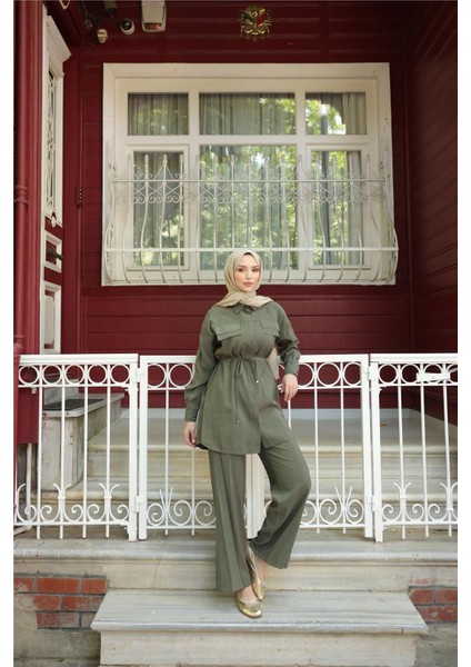 Gömlek Yaka Belden Bağcıklı Kısa Tunik Ikili Tesettür Eşofman Takımı - (38-46) - 71299 - Haki