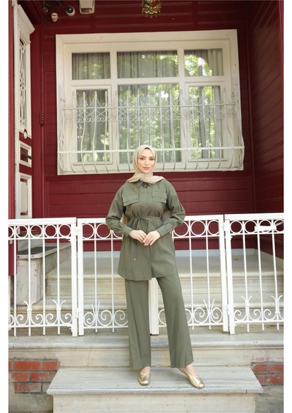 Gömlek Yaka Belden Bağcıklı Kısa Tunik Ikili Tesettür Eşofman Takımı - (38-46) - 71299 - Haki fiyatları