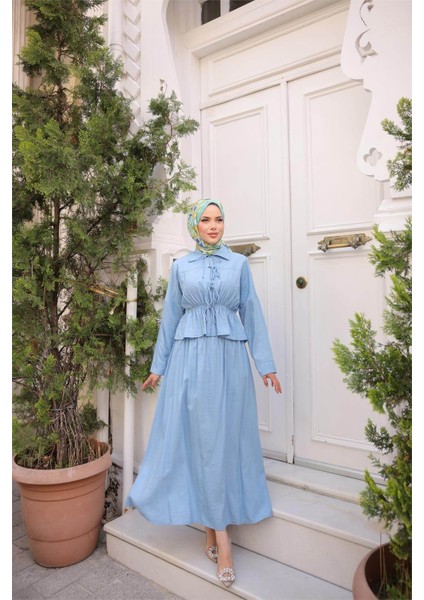 Gömlek Yaka Büzgülü, Bağcıklı Kısa Tunik Dökümlü Etek Takımı - (38-46) - 71291 - Indigo