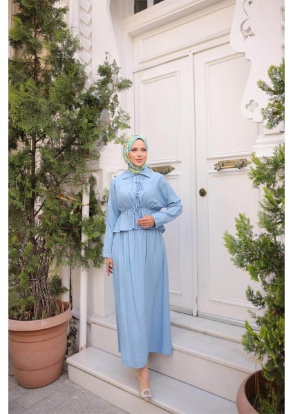 Gömlek Yaka Büzgülü, Bağcıklı Kısa Tunik Dökümlü Etek Takımı - (38-46) - 71291 - Indigo fiyatları