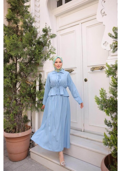 Gömlek Yaka Büzgülü, Bağcıklı Kısa Tunik Dökümlü Etek Takımı - (38-46) - 71291 - Indigo modelleri